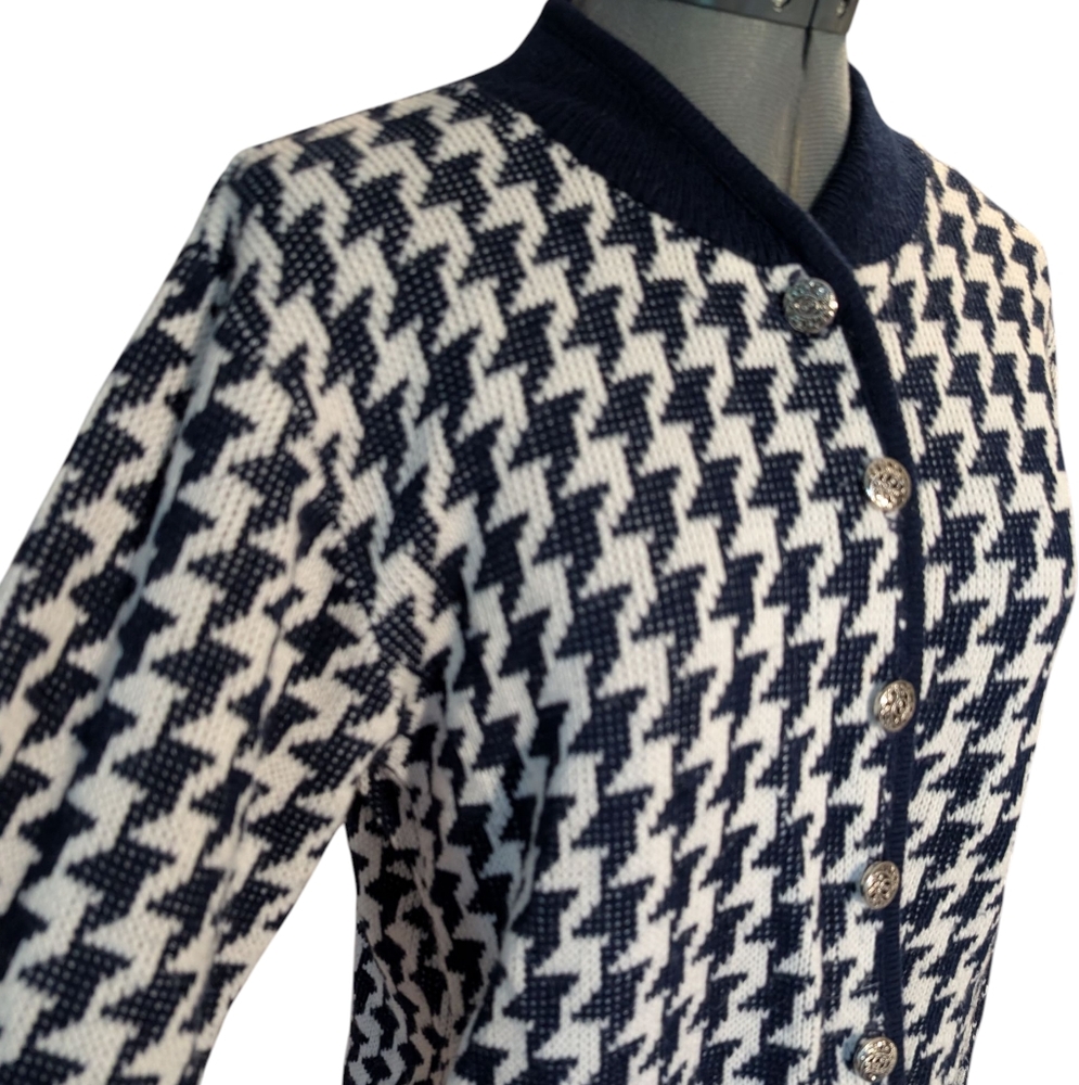 Vintage Women's Lea Apparel Blue White‎ Hounds tooth Knit Cardigan Sweater Small